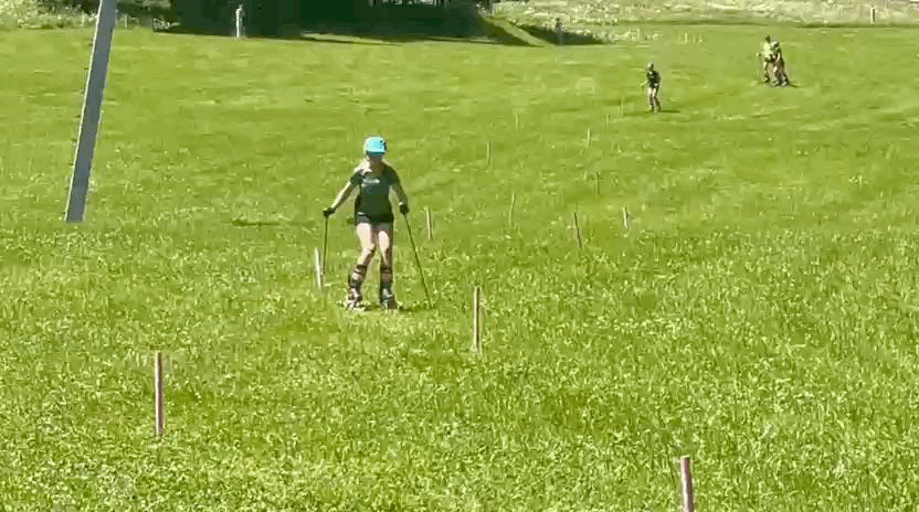 Chiara executing a right turn on grass skis, looped